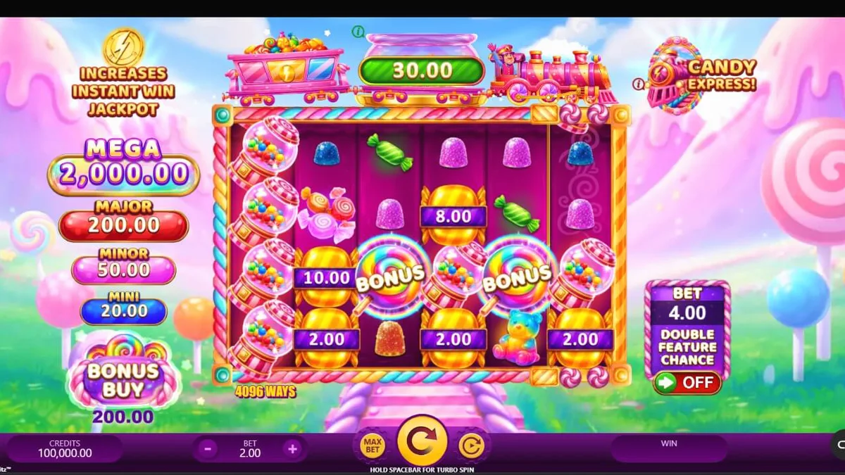 Candy Express Gold Blitz slot game interface featuring candy-themed train and symbols