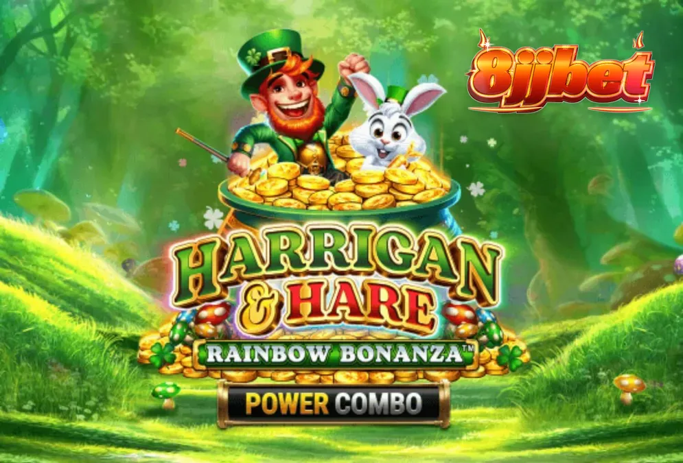 Harrigan & Hare Rainbow Bonanza Power Combo slot machine interface featuring a leprechaun and rabbit in a green Irish meadow.